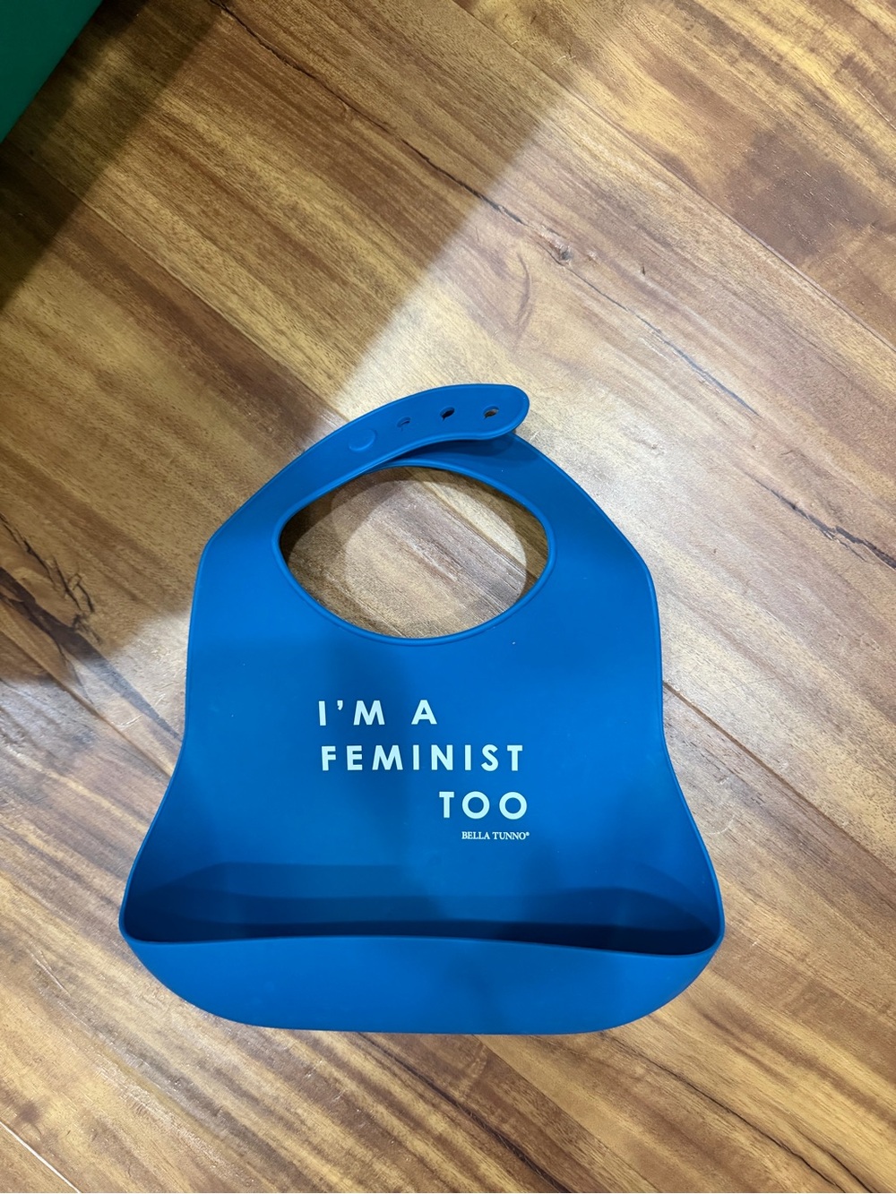 Blue Silicone Baby Bib with 'I'm A Feminist Too' Print